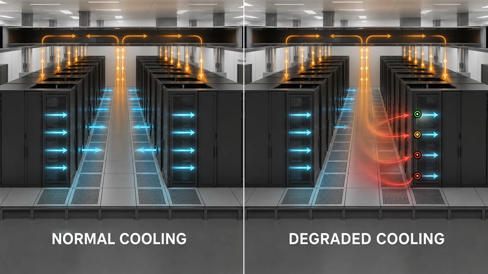 Normal and degraded cooling states with airflow paths and rack-inlet review markers