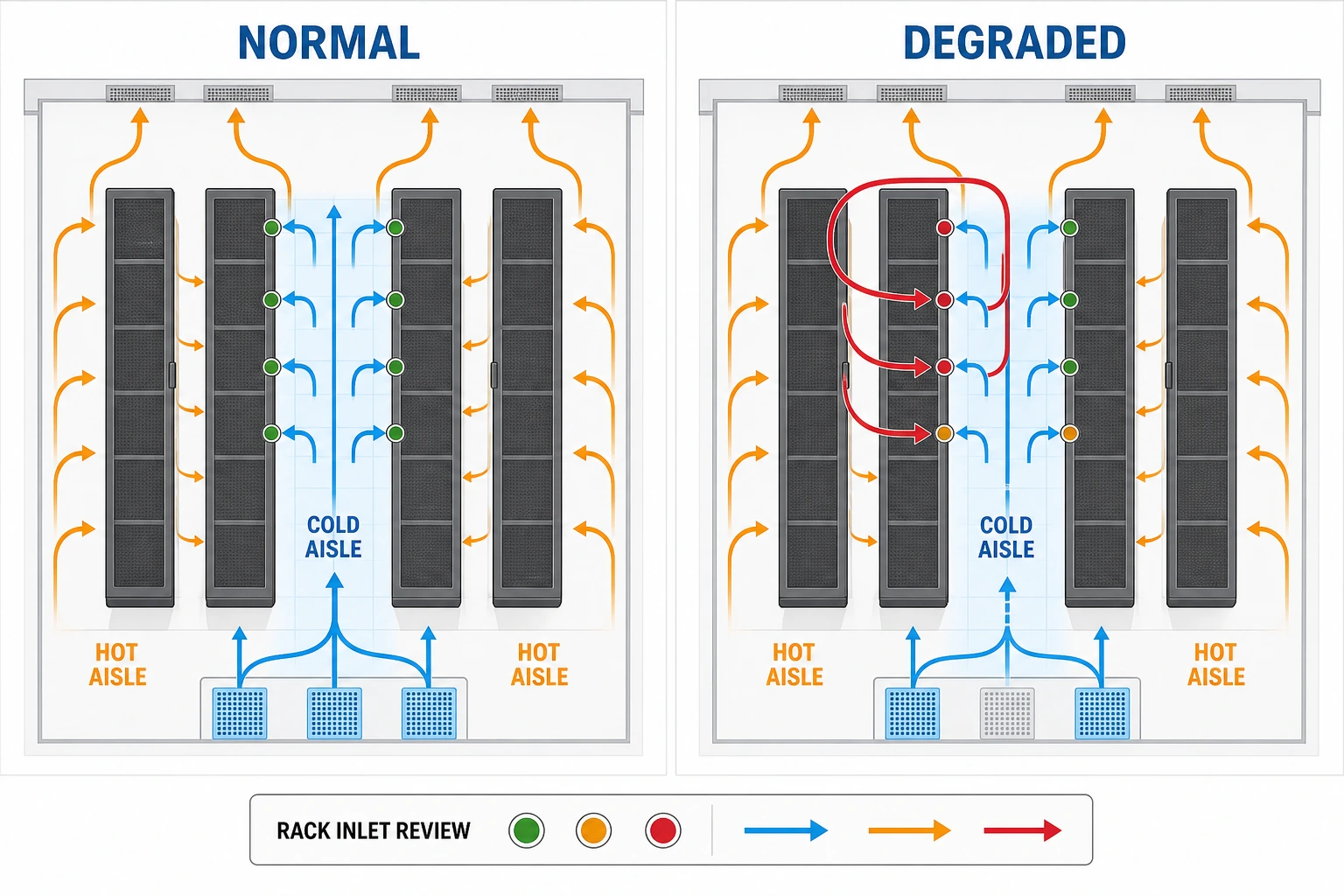 Normal and degraded data center airflow scenarios with rack-level review points