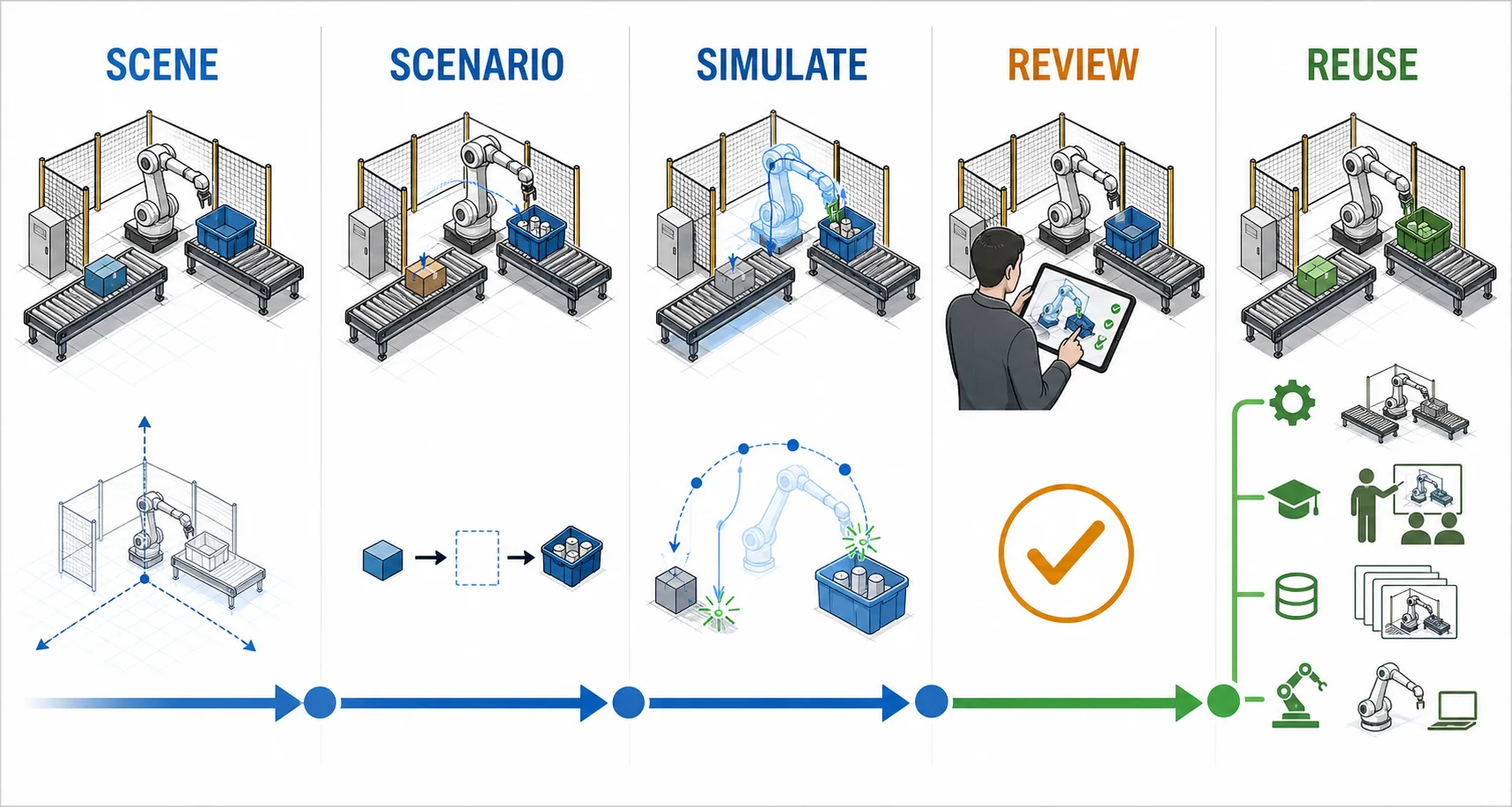 Scene, scenario, simulation, human review, and reuse workflow