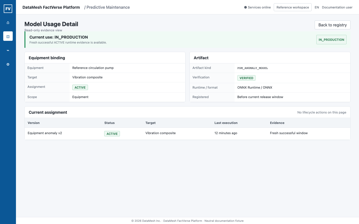 中立的なモデル使用詳細例で、現在の利用、設備バインド、ACTIVE assignment、検証済み artifact、最新実行証跡を表示