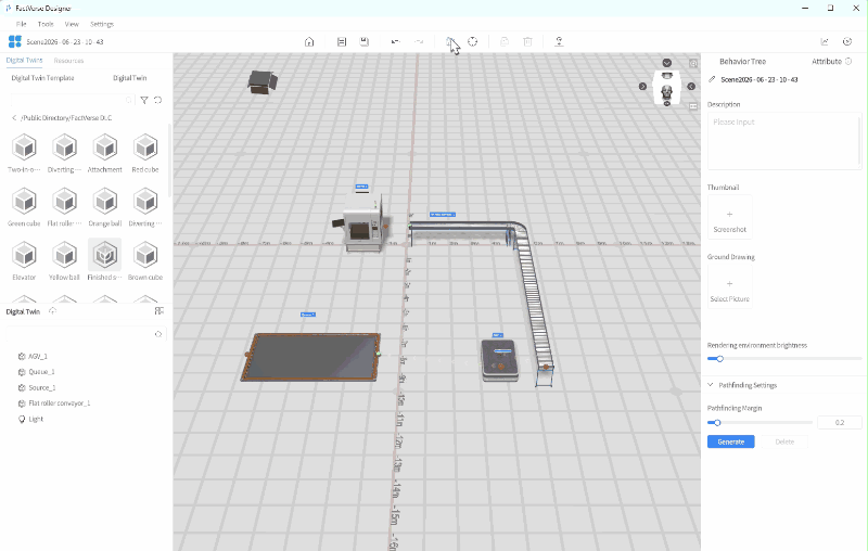 Screenshot of a factory layout in a 3D grid design tool, showing a conveyor line linking machines; left toolbox, right properties pane visible.