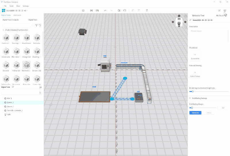 Digital twin design tool showing a factory layout with a conveyor belt, robotic arm, and workstation; left component palette and right property panel