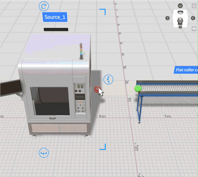 3D industrial oven on a grid floor with a red push button nearby and a blue 'Source_1' label above it, in a lab-like setup.