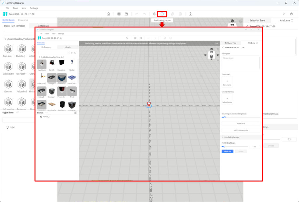 FactVerse Designer interface with a 3D scene editor: left resources/gallery, central grid workspace, right properties pane, positioning mode active.