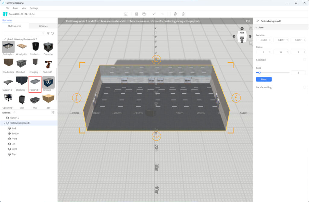 FactVerse Designer: 3D warehouse layout editor showing a rectangular storage area with yellow outline, grid floor, and side panels for components and properties.