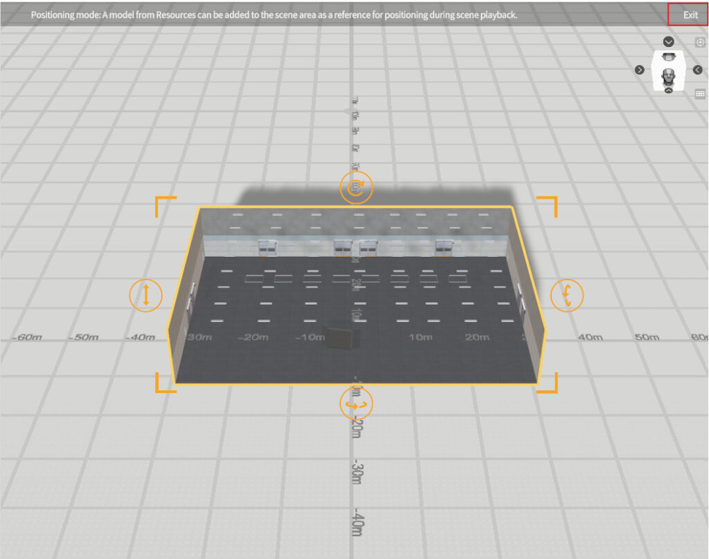 Screenshot of a 3D scene editor showing a rectangular room with orange selection frame and measurement grid around it.