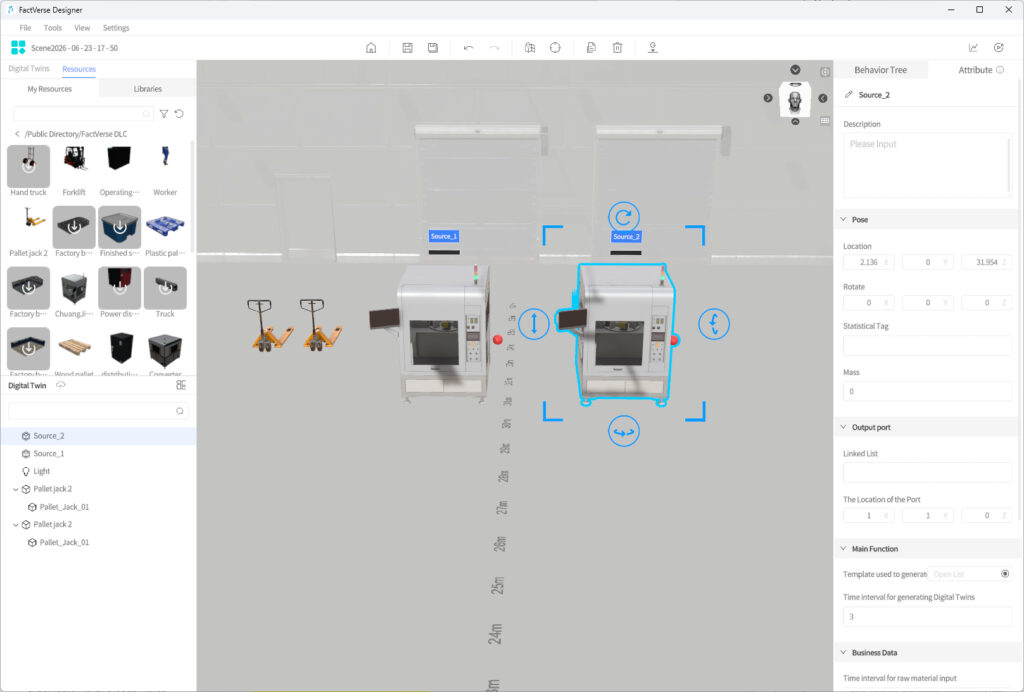 3D warehouse layout showing two packaging machines with blue outlines, pallets, and equipment in a spacious hall (FactVerse Designer interface)