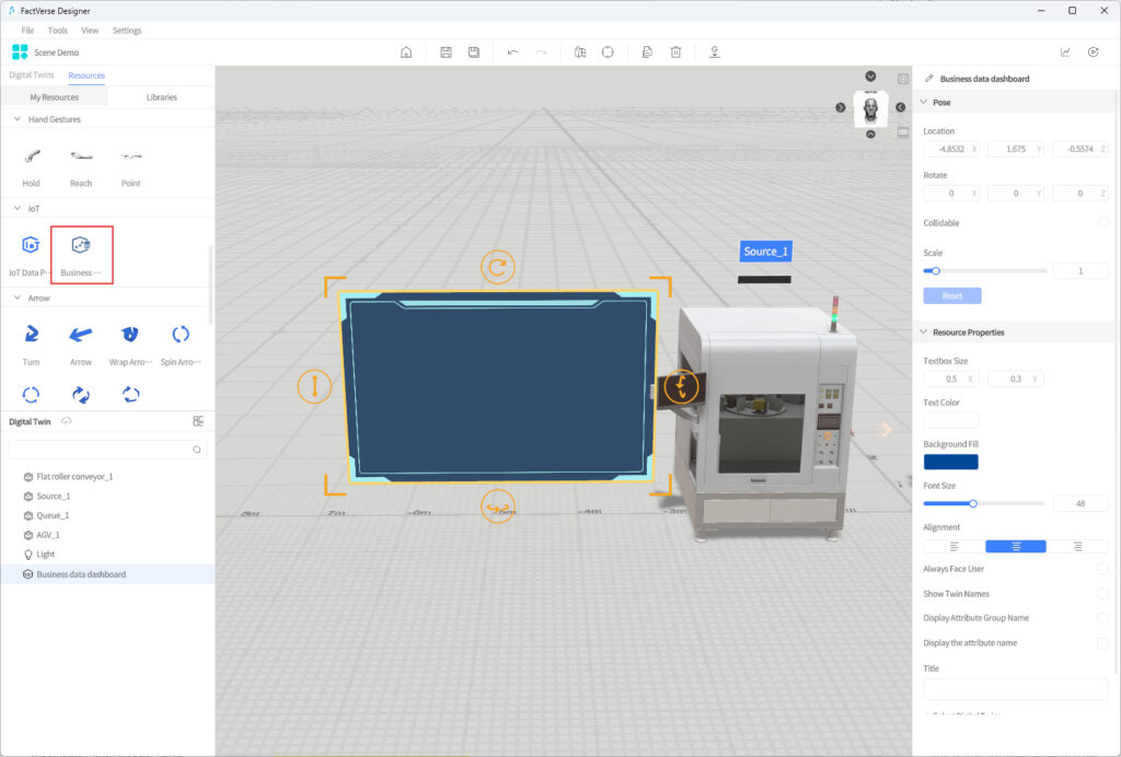 Screenshot of a 3D design interface showing a blue panel and a 3D printer with an IoT/business dashboard panel labeled Source_1 on the right.