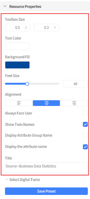 Resource Properties panel showing adjustable fields: Textbox Size, Text Color, Background Fill (blue), Font Size slider, Alignment options, toggles for Show Twin Names and Display attribute name, and a Save Preset button.