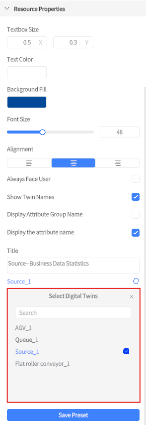 Resource Properties panel with controls for text size, color, background, font size slider, alignment, and digital twins list showing Source_1 selected.