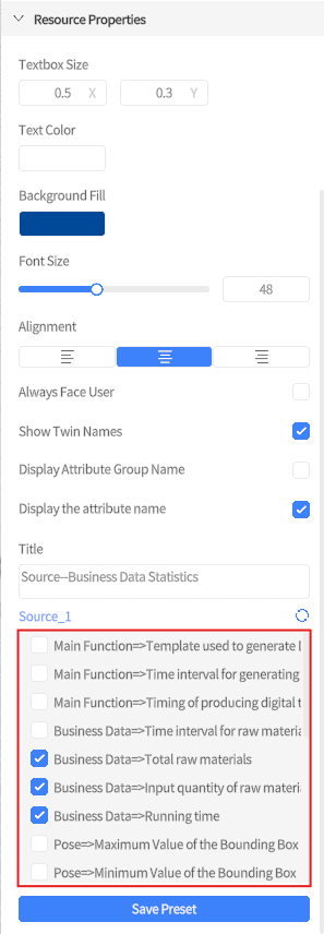 Resource Properties panel for configuring a data display: title set to 'Source–Business Data Statistics', font size 48 with a blue background, alignment options, and toggles for showing twin names, attribute names, and a list of selectable data attributes (several items checked).