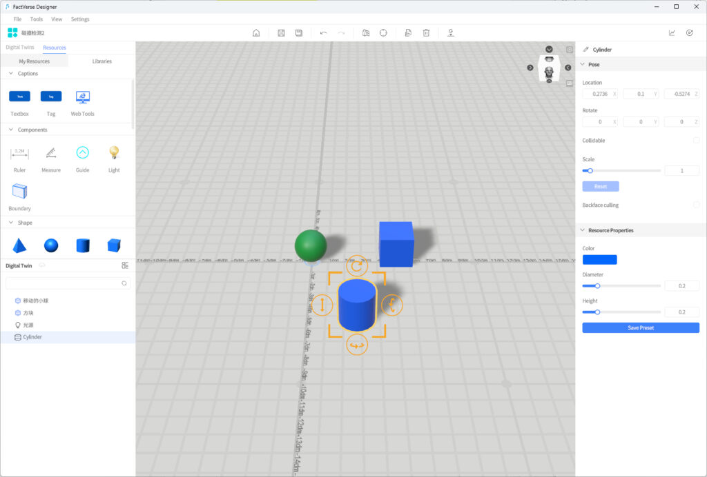 3D scene in design software showing a green sphere, blue cylinder, and blue cube on a grid plane with orange transformation handles around the cylinder.