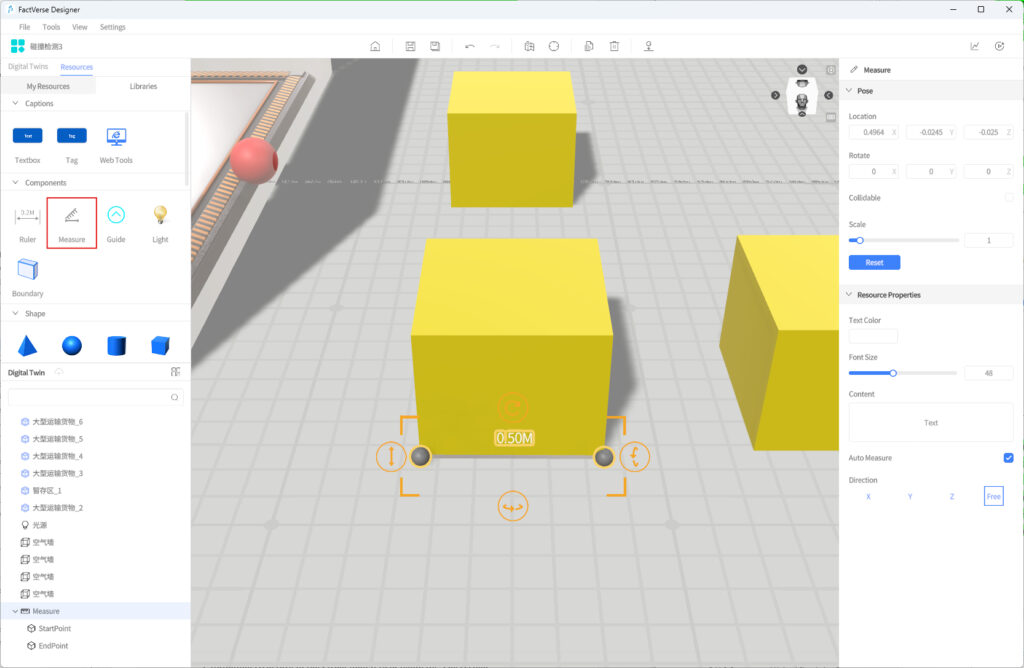 Screenshot of a 3D design interface with yellow cubes on a grid and a measurement tool active on the right panel due to scale settings.