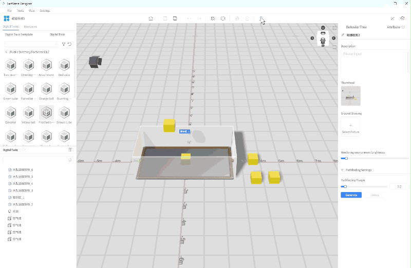 Screenshot of a 3D design workspace showing a white rectangular box with a yellow cube on top and several yellow cubes nearby; left and right tool/property panels are visible.