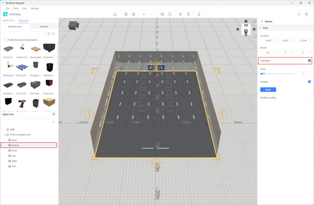 Screenshot of a 3D factory layout in a design tool with a highlighted bottom panel and Collidable option enabled for the floor object (orange outline). You’re viewing bottom properties in the inspector panel.