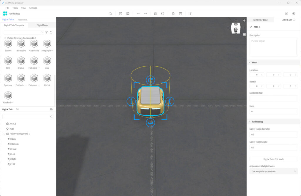 Top-down view of a yellow car inside a circular blue safety range in a pathfinding editor UI.