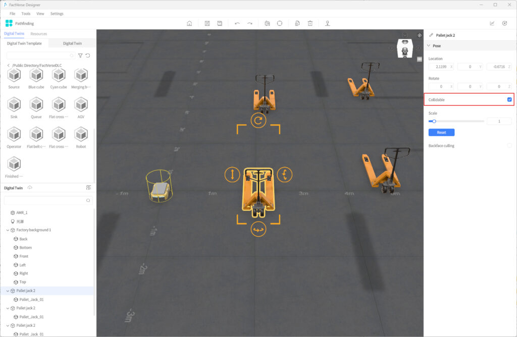 Three orange pallet jacks on a gray warehouse floor in a 3D design tool; Collidable is enabled in the right panel UI.