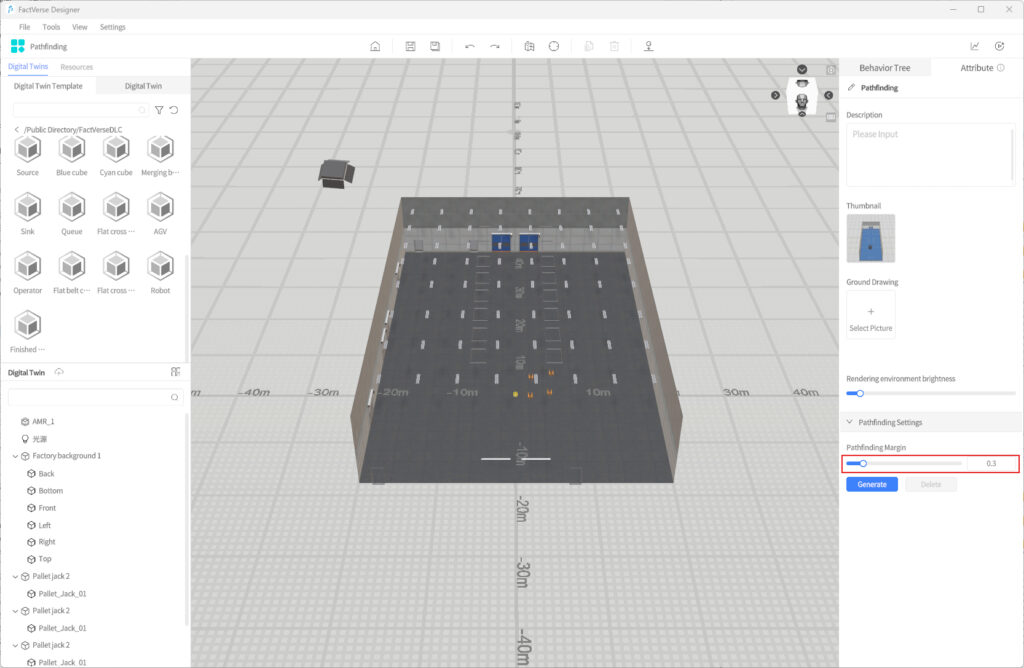 3D warehouse model in a design tool: large building with loading bays, blue doors, on a measurement grid.