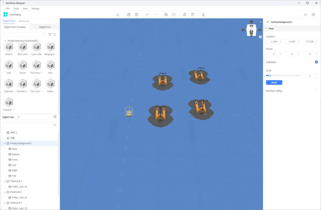 Screenshot of FactVerse Designer UI showing a blue background with several orange pallet jacks on circular bases; left panel lists Digital Twins and components, right panel shows properties.
