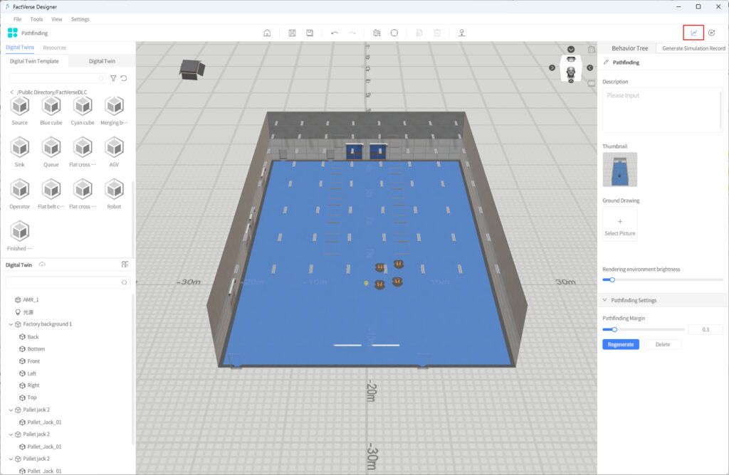 Screenshot of a 3D design workspace showing a warehouse with blue floor, gray walls, and a surrounding measurement grid, with left panel tools and right-side settings panel visible.