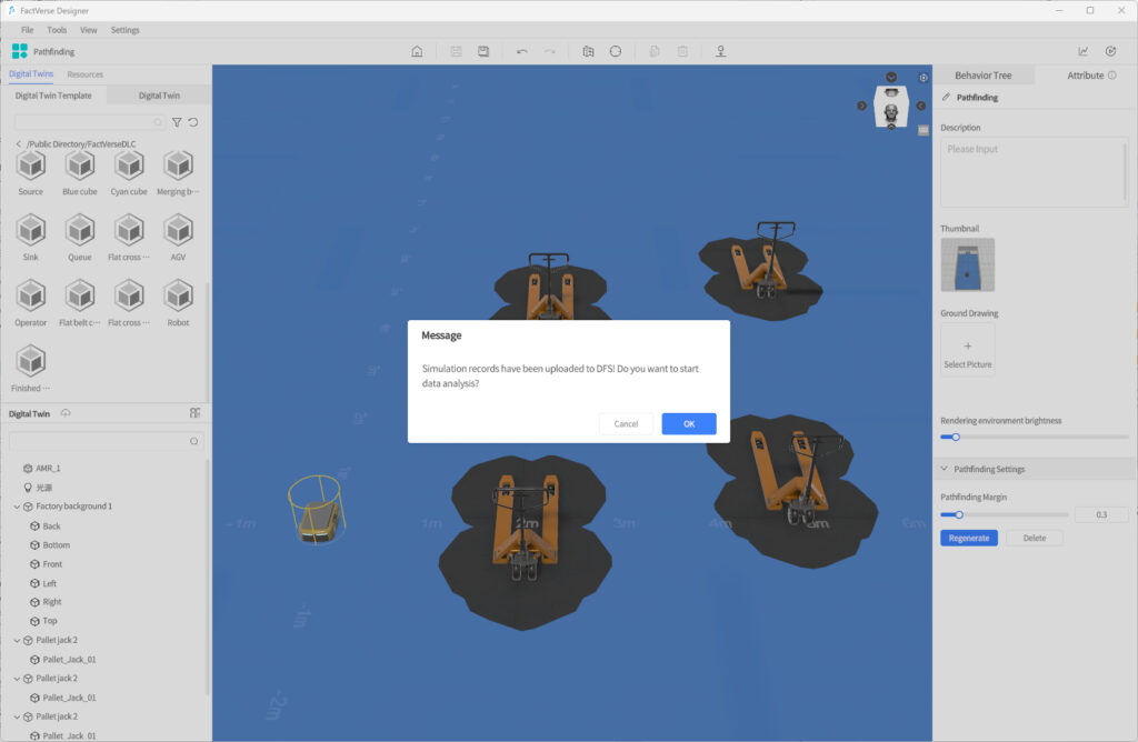 FactVerse Designer UI with a centered dialog:'Simulation records have been uploaded to DFS! Do you want to start data analysis?'. Background shows a blue 3D scene with pallet-jack models.