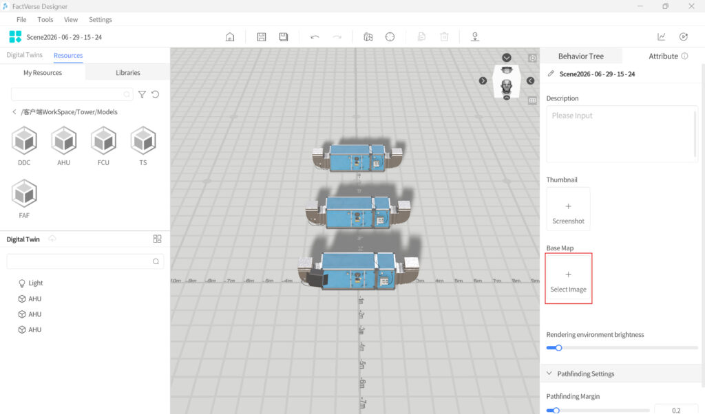 Four blue industrial units lined up on a gray grid floor in a 3D design workspace, with design tool panels on the sides.