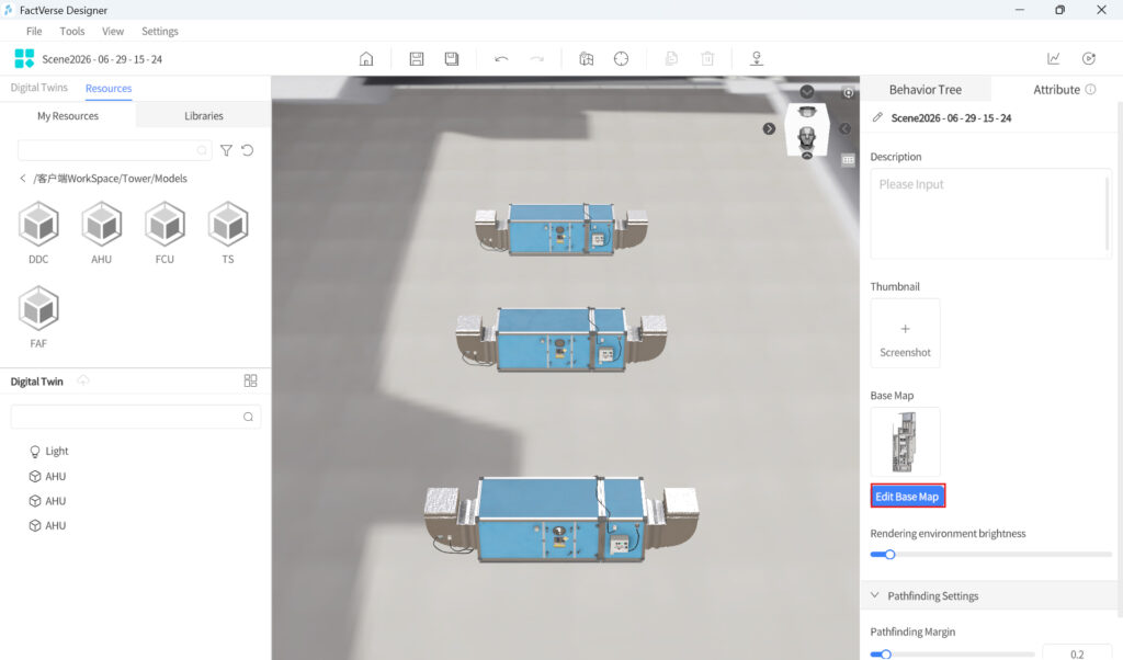 Three blue industrial machines with silver ends arranged in a row on a gray floor in a design editor window.