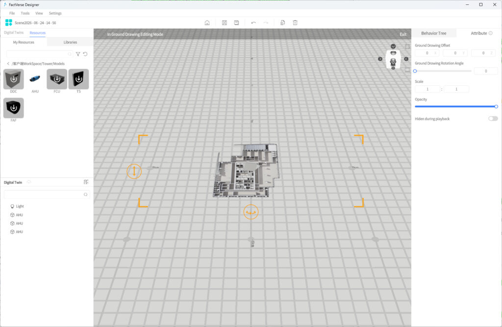 Screenshot of FactVerse Designer UI showing a 3D building model centered on a gray grid workspace with left and right tool panels visible