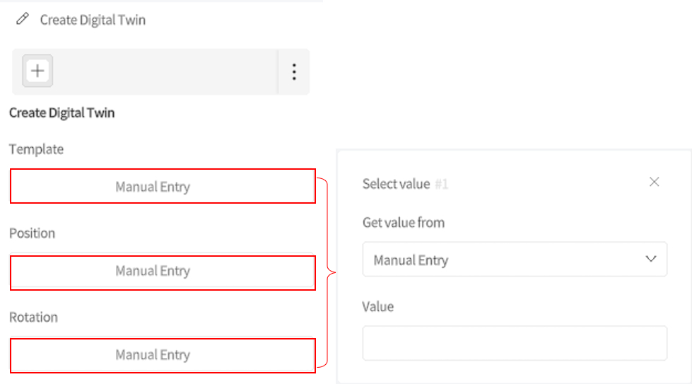 designer_figure_176_create_digital_twins_node_attribute | DataMesh UI for creating a Digital Twin with Manual Entry options: Template, Position, and Rotation fields on the left; a right-side panel prompts value from Manual Entry.