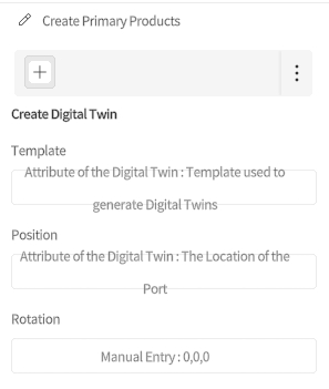 designer_figure_177_create_digital_twin_node_configuration_example | DataMesh UI panel: Create Digital Twin with plus button and three fields (Template, Position, Rotation) for configuring a Digital Twin.