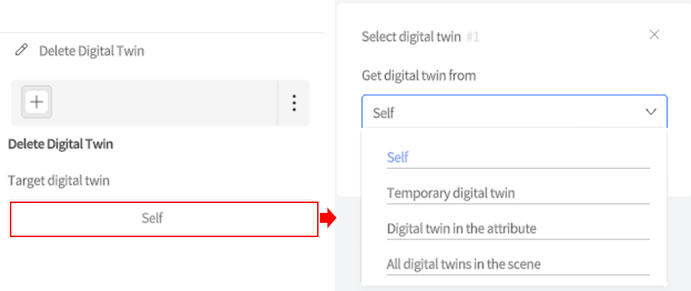 designer_figure_178_delete_digital_twin_node_attribute | DataMesh Delete Digital Twin dialog showing target dropdown with 'Self' selected (choosing which twin to delete).