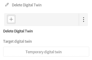 designer_figure_179_delete_digital_twin_node_configuration_example | DataMesh Delete Digital Twin dialog with a left plus button, a three-dot menu, and a'Target digital twin' input showing placeholder 'Temporary digital twin'.