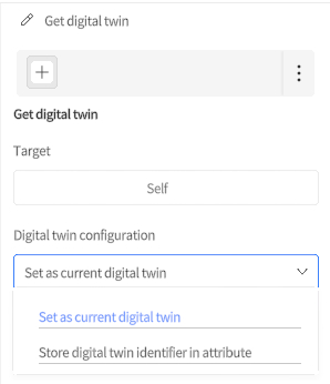 designer_figure_183_get_digital_twin | DataMesh UI panel 'Get digital twin' with a plus button, Target: Self, and a dropdown for digital twin configuration showing 'Set as current digital twin'
