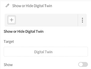 designer_figure_185_display_or_hide_digital_twin_node | DataMesh UI panel for Show or Hide Digital Twin with an Add (+) button and menu, target set to'Digital Twin', Show toggle off.