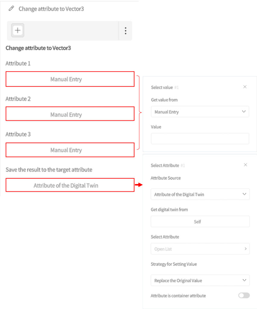designer_figure_186_change_attribute_vector_3 | DataMesh UI form for mapping three attributes to a Vector3 with Manual Entry values, targeting'Attribute of the Digital Twin' on the left; right shows value source options and settings