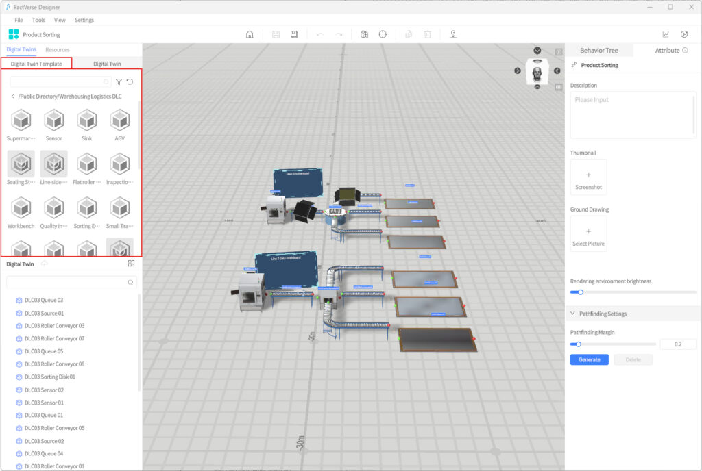 Screenshot of a digital twin workspace showing a conveyor-based product sorting layout with machines and sections on a gray grid floor, left panel templates, and right-side properties panel.