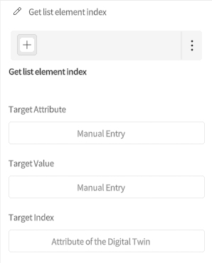 designer_figure_190_get_list_element_index | DataMesh UI panel titled'Get list element index' with a plus button and three input fields: Target Attribute, Target Value, and Target Index (Manual Entry).