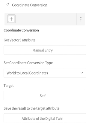 designer_figure_192_coordinates_conversion | DataMesh Coordinate Conversion settings panel with a plus button and form fields for manual entry and saving to a Digital Twin attribute