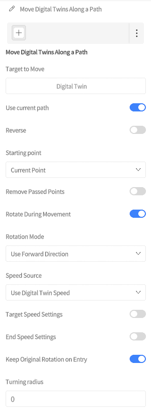designer_figure_194_move_digital_twins_along_path | DataMesh UI panel for moving a Digital Twin along a path with controls: target is'Digital Twin', 'Use current path' on, 'Reverse' off, 'Starting point' = 'Current Point', 'Rotate During Movement' on, 'Rotation Mode' = 'Use Forward Direction', 'Speed Source' = 'Use Digital Twin Speed', end/entry options off except 'Keep Original Rotation on Entry' on, turning radius set to 0.
