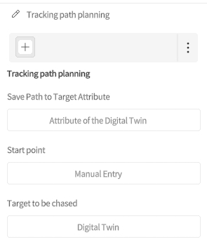 designer_figure_199_track_path_planning | DataMesh Tracking path planning UI panel with a plus button; fields labeled Attribute of the Digital Twin, Start point Manual Entry, and Target to be chased Digital Twin.