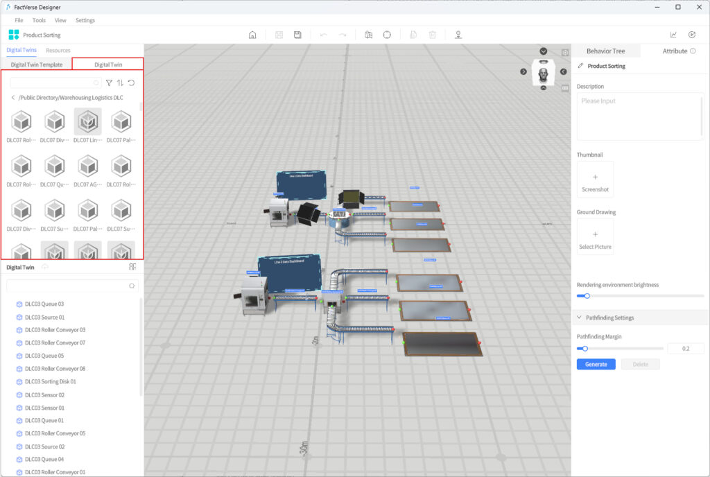 Interface screenshot of FactVerse Designer showing a digital twin of a warehouse sorting line with conveyors and sorting stations.