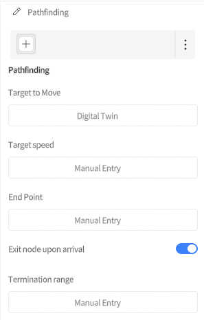 designer_figure_200_pathfinding | DataMesh Pathfinding settings panel showing fields for target to move (Digital Twin), target speed (Manual Entry), end point (Manual Entry), exit node upon arrival toggle on, and termination range (Manual Entry).