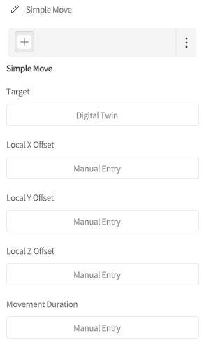 designer_figure_201_simple_move | DataMesh UI screenshot of a Simple Move tool: target set to Digital Twin, with manual entry fields for Local X, Y, Z offsets and Movement Duration.
