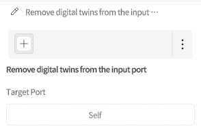 designer_figure_204_remove_digital_twins_from_input_port | DataMesh UI panel showing'Remove digital twins from the input port' with a plus button and a three-dot menu; Target Port: Self