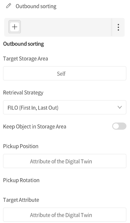 designer_figure_208_outbound_sorting_node_attribute | DataMesh Outbound sorting settings panel showing Target Storage Area: Self, Retrieval Strategy: FILO (First In, Last Out); Keep Object in Storage Area off; fields for Pickup Position and Target Attribute labeled 'Attribute of the Digital Twin'.
