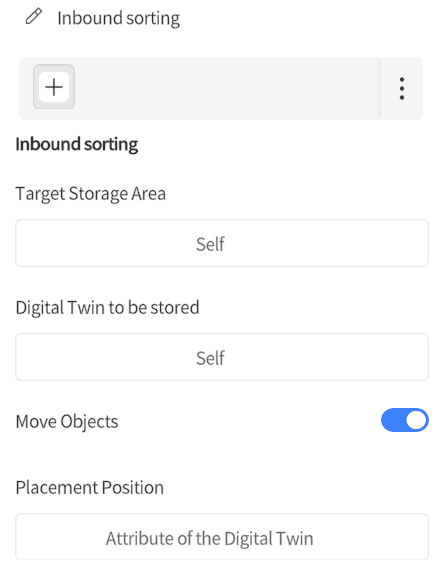 designer_figure_209_inbound_sorting_node_attribute | DataMesh Inbound sorting panel showing Target Storage Area and Digital Twin to be stored set to Self, Move Objects switched on, and Placement Position set to'Attribute of the Digital Twin'.