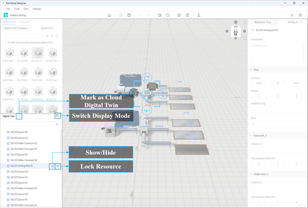 Screenshot of FactVerse Designer showing a factory digital twin UI with a left component library, central 3D layout, and right properties panel; callouts show actions like'Mark as Cloud Digital Twin' and 'Show/Hide'.