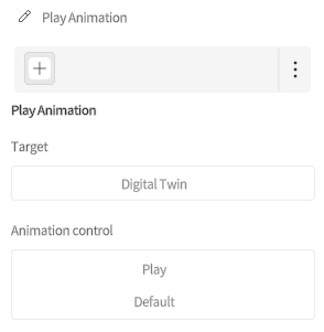 designer_figure_211_play_animation_node_attribute | DataMesh UI panel labeled Play Animation; Target: Digital Twin; Animation control shows Play and Default options.