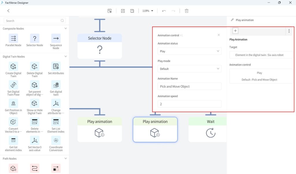 designer_figure_212_play_animation_node_example | DataMesh Editor UI showing a Selector Node in the center, with a right-hand Animation panel and left node library (FactVerse Designer). Additive animation controls visible on the right.
