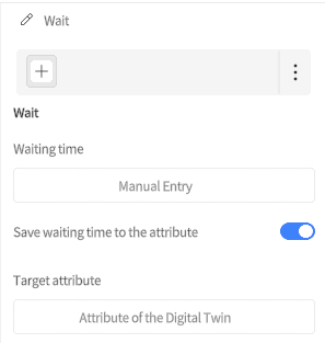 designer_figure_216_wait_node_attribute | DataMesh Wait settings panel: Waiting time set to Manual Entry with a Save to attribute toggle and a Target attribute selector labeled'Attribute of the Digital Twin'.